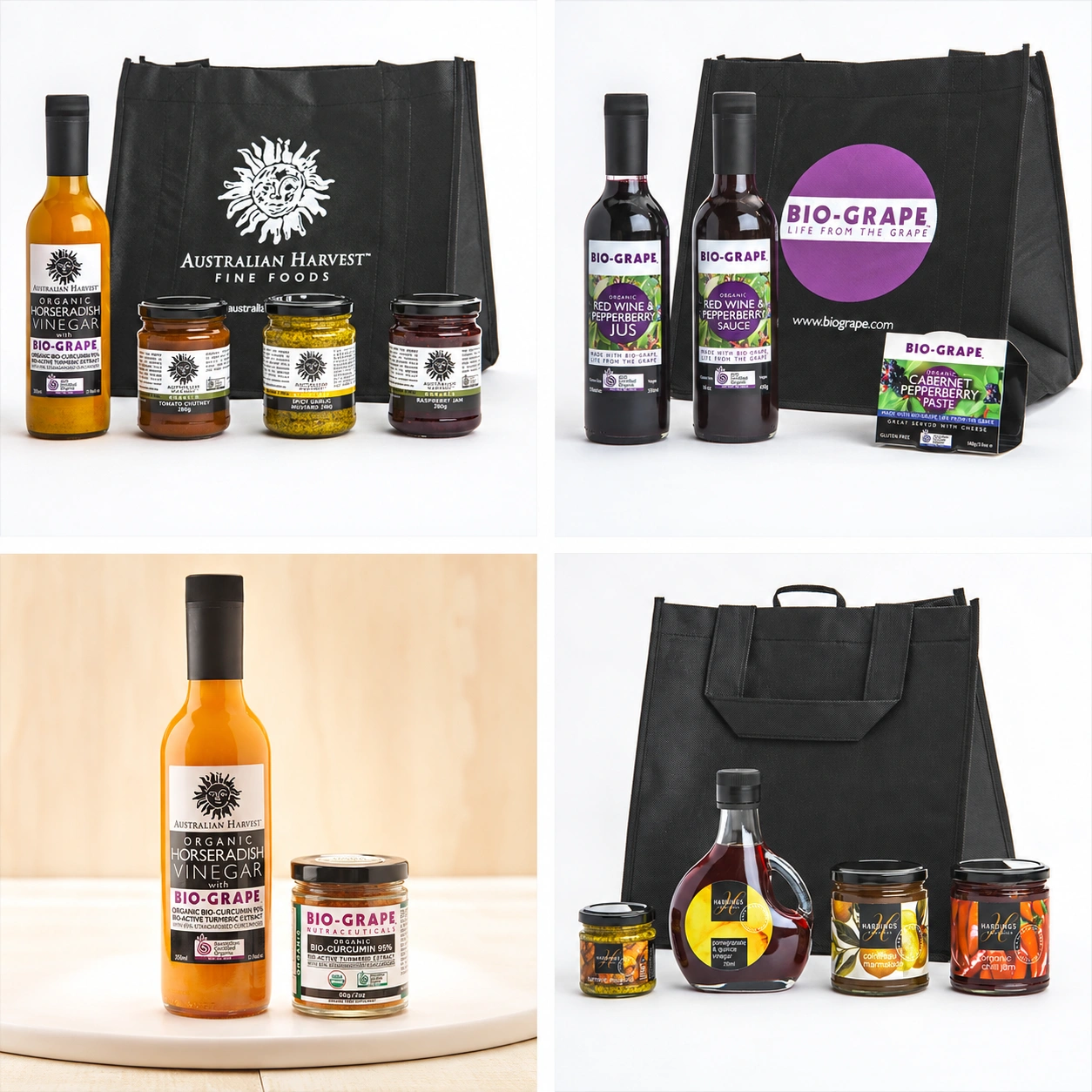 Four-panel product collage of Bio-Grape, Australian Harvest and Hardings bottles, jars and branded bags