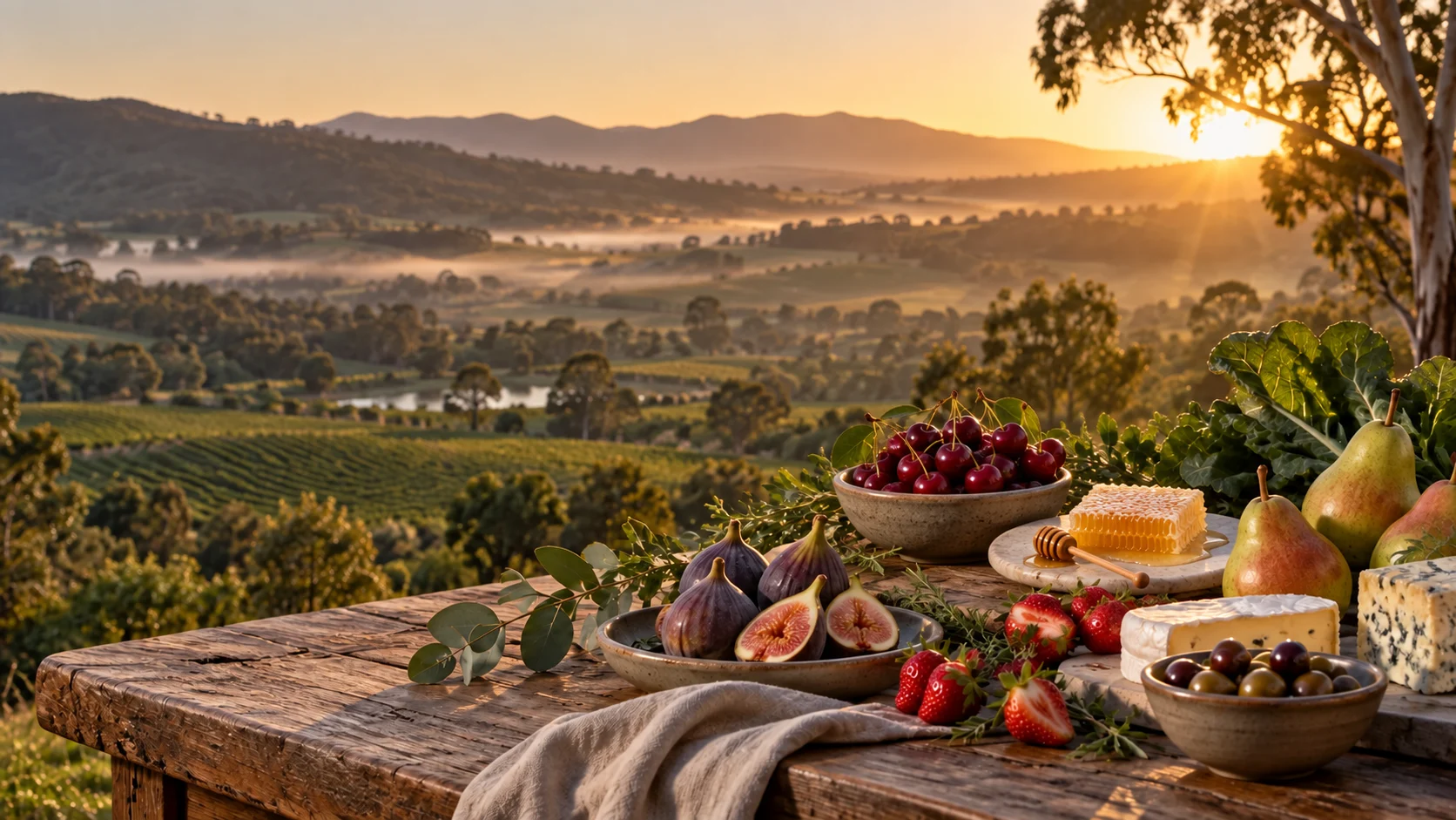 AI-created regional table with cherries, honeycomb and fresh produce overlooking a sunlit valley